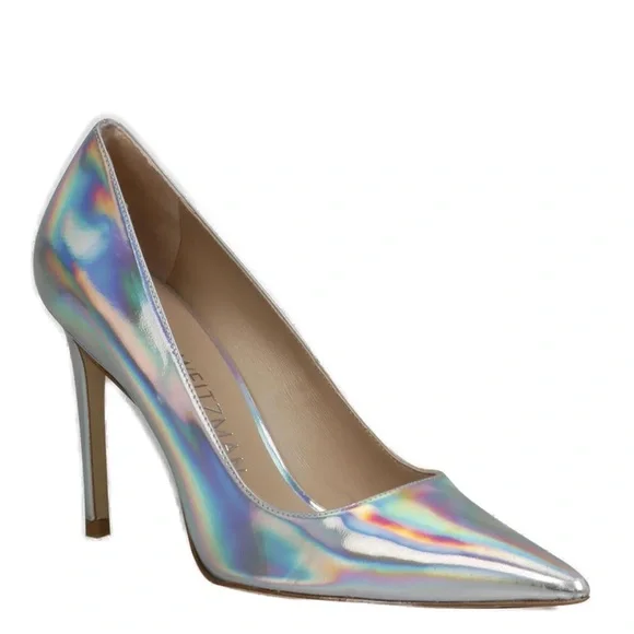Stuart Weitzman Silver Scalloped Iridescent Patent Heels